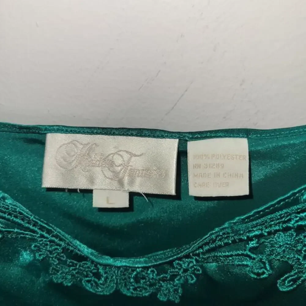 Vintage‎ Satin Lace Trim Nightgown Camisole Top Emerald Green L